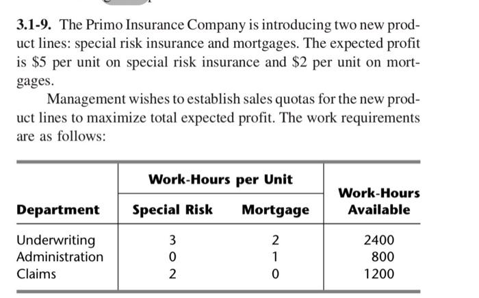 Solved 3.1-9. The Primo Insurance Company is introducing two | Chegg.com
