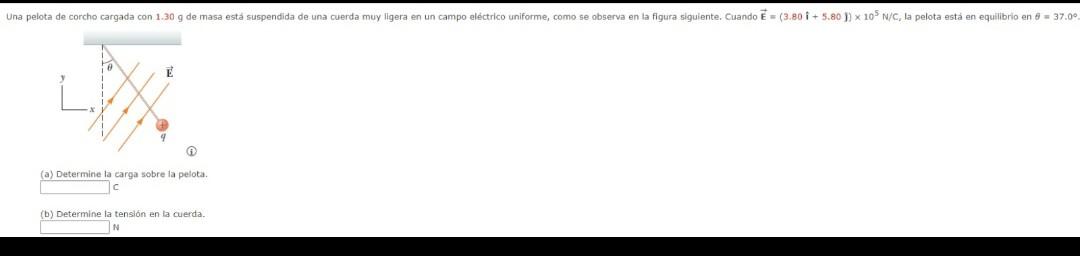 (a) Determine la carga sobre la pelota. (b) Determine la tensión en la cuerda.
