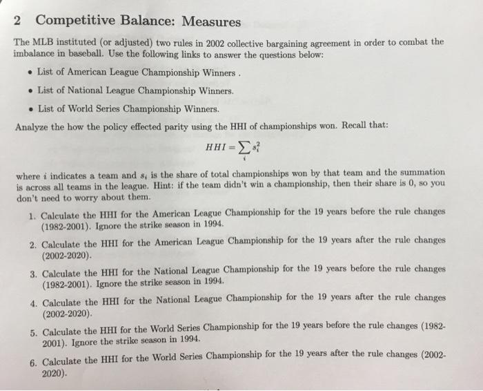 2 Competitive Balance: Measures The MLB instituted | Chegg.com