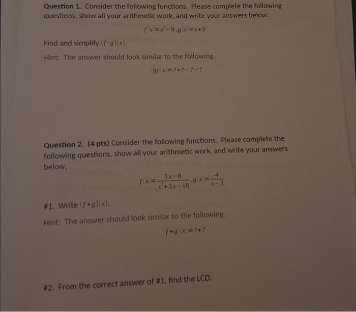 Solved Question 1. Consider The Following Functions. Please | Chegg.com