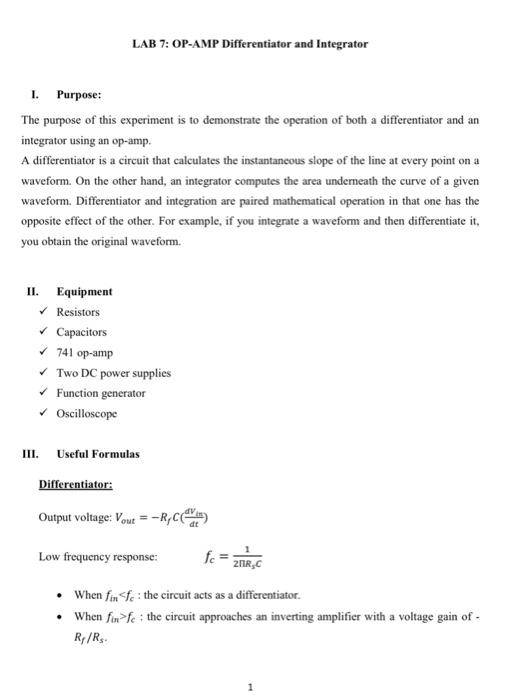 LAB 7: OP-AMP Differentiator and Integrator I. | Chegg.com