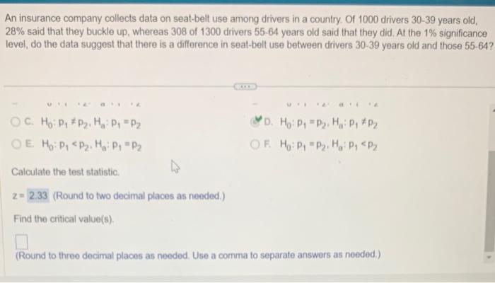 Solved An insurance company collects data on seat-belt use | Chegg.com