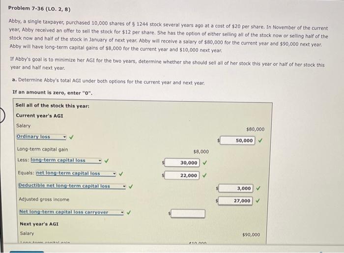 Abby, a single taxpayer, purchased 10,000 shares of \( \$ 1244 \) stock several years ago at a cost of \( \$ 20 \) per share.