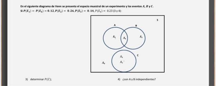 En el siguiente diagrama de Venn se presenta el espacio muestral de un experimento y los eventos A, ByC. SIP(E)) = P(E.) = 0.