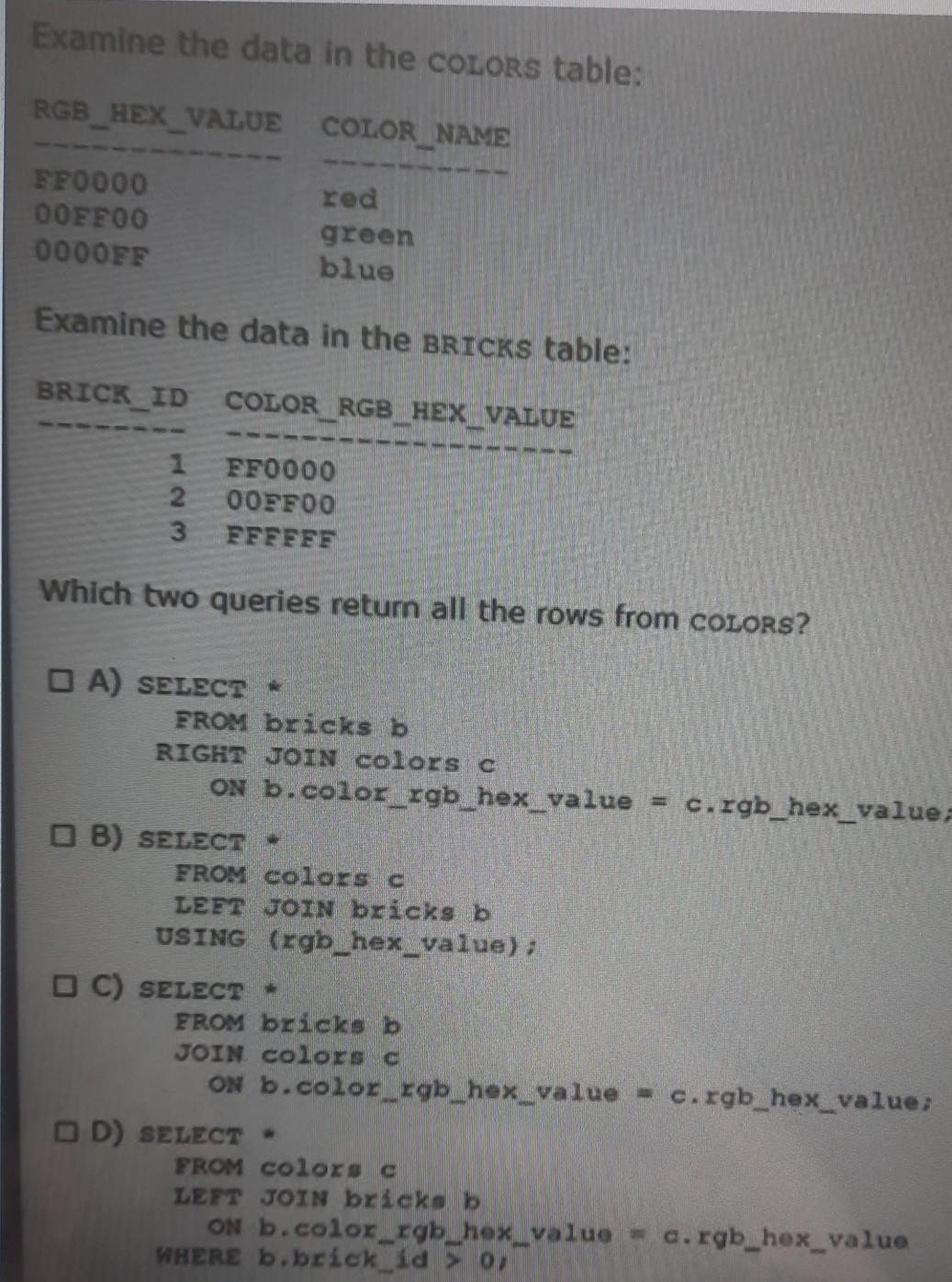 Solved Examine The Data In The COLORS Table: RGB_HEX_VALUE | Chegg.com