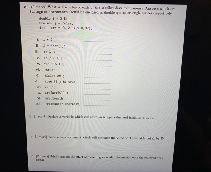 (Solved) 12 Marks Value Labelled Java Expressions Answers Strings