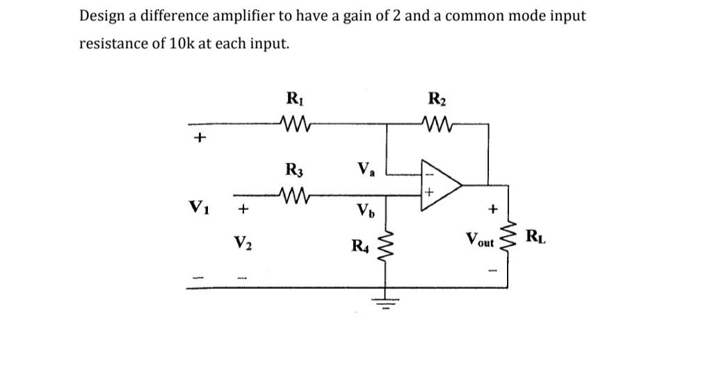 Solved Design a difference amplifier to have a gain of 2 and | Chegg.com