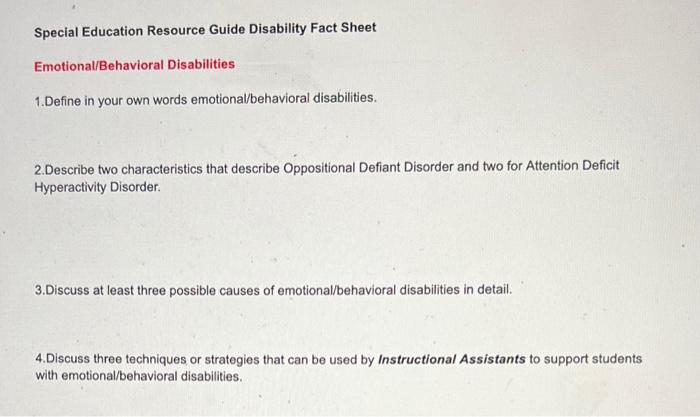 Solved Special Education Resource Guide Disability Fact | Chegg.com