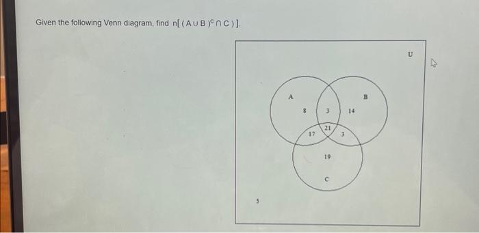 Solved Given the following Venn diagram, find n[(A∪B)C∩C)] | Chegg.com