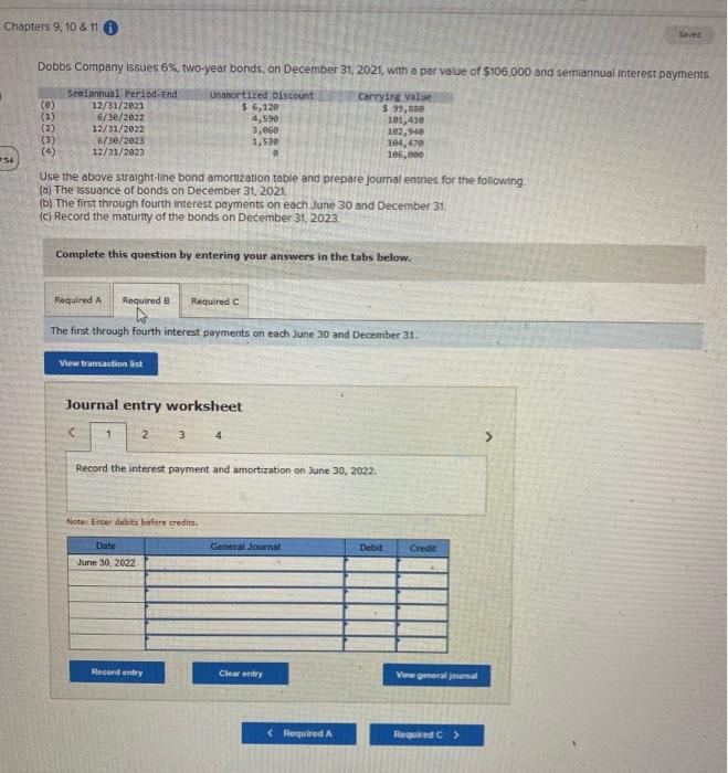 Dobbs Company 1ssues \( 6 \% \), two-year bonds, on December 31, 2021, wth a par value of \( \$ 106,000 \) and semannual inte