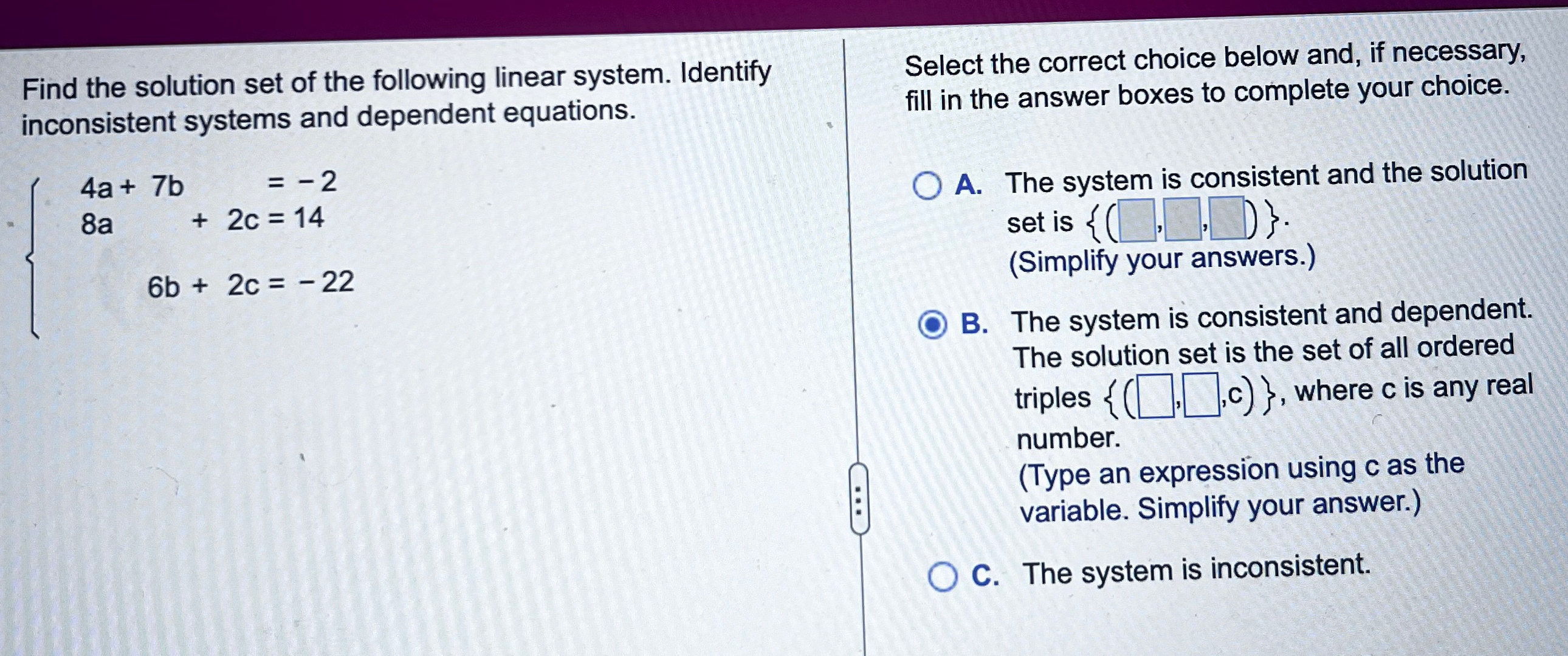 Solved Find the solution set of the following linear system. | Chegg.com