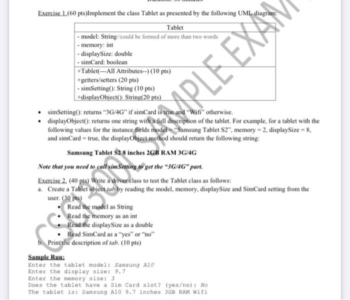 Solved MPLE EXA Exercise L. (60 pts)Implement the class | Chegg.com
