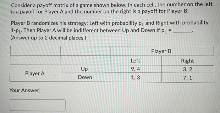 Solved Consider a payoff matrix of a game shown below. In | Chegg.com
