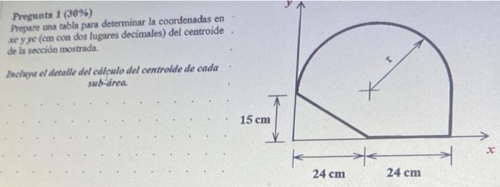 Pregunta \( 1(30 \%) \) Prepare una tabla para determinar la coordenadas en x y yc (cm con dos lugares decimales) del centroi