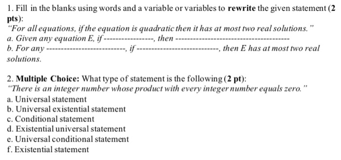 Solved 1. Fill In The Blanks Using Words And A Variable Or | Chegg.com