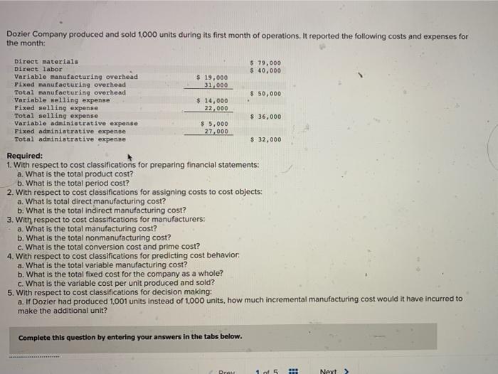 Solved Dozier Company produced and sold 1000 units during