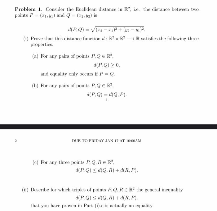 Solved Problem 1. Consider the Euclidean distance in R2, | Chegg.com