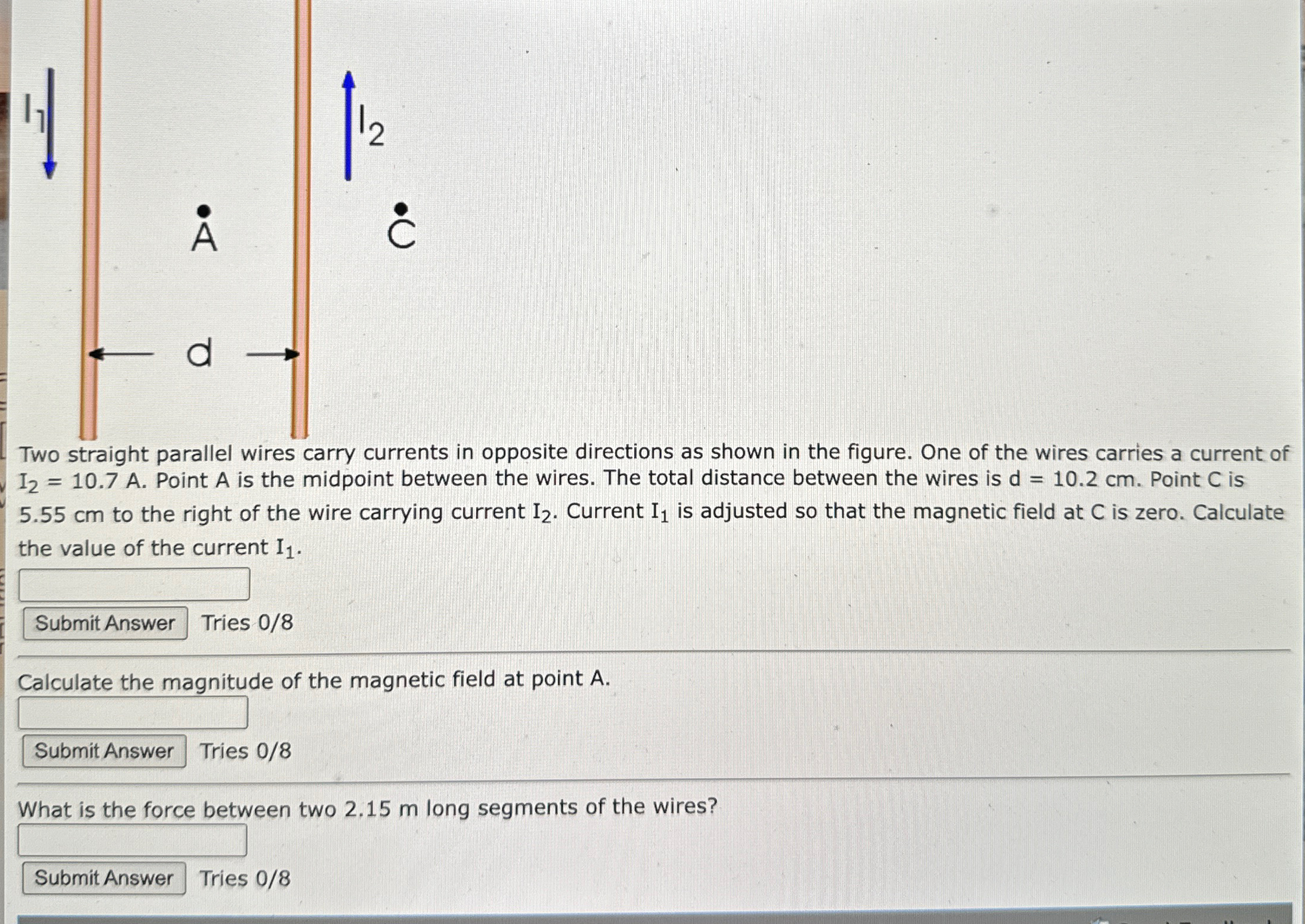 Solved Two straight parallel wires carry currents in | Chegg.com