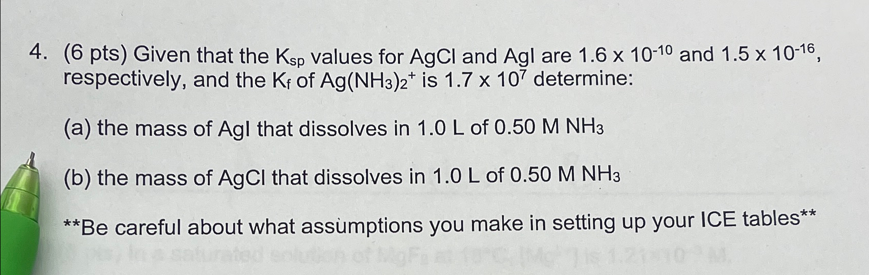 Solved 6 pts Given that the Ksp values for AgCl and Agl