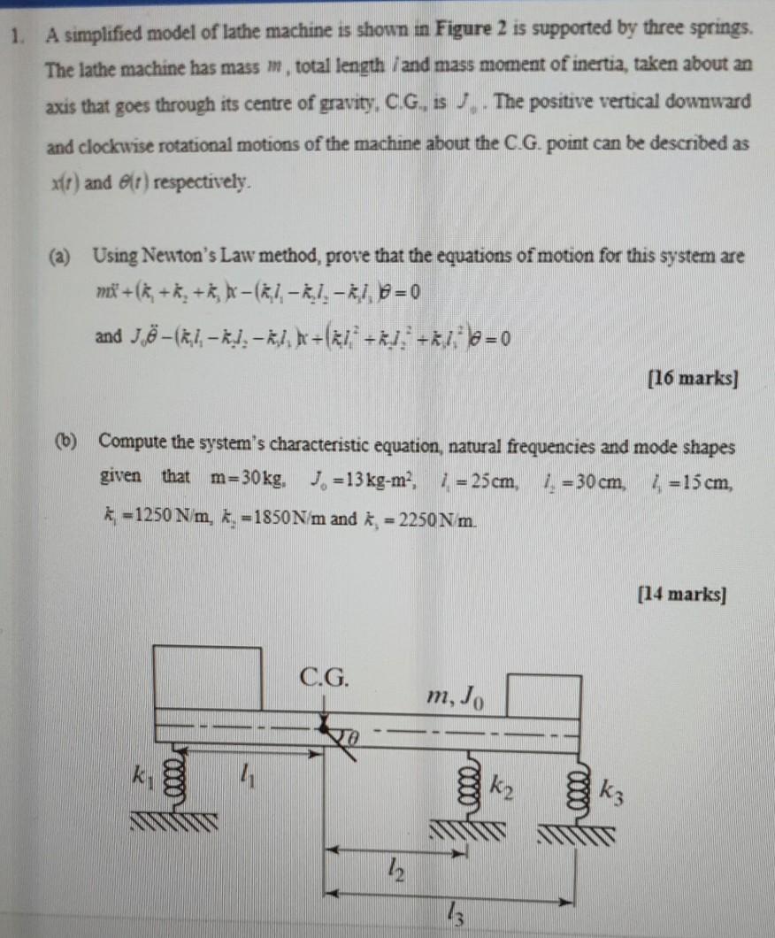 Solved 1. A simplified model of lathe machine is shown in | Chegg.com