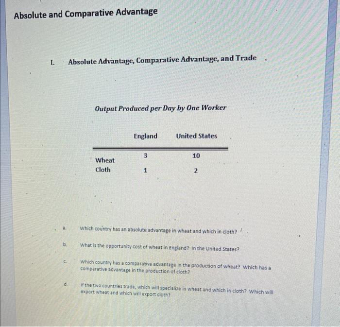 Solved Absolute and Comparative Advantage I. Absolute | Chegg.com