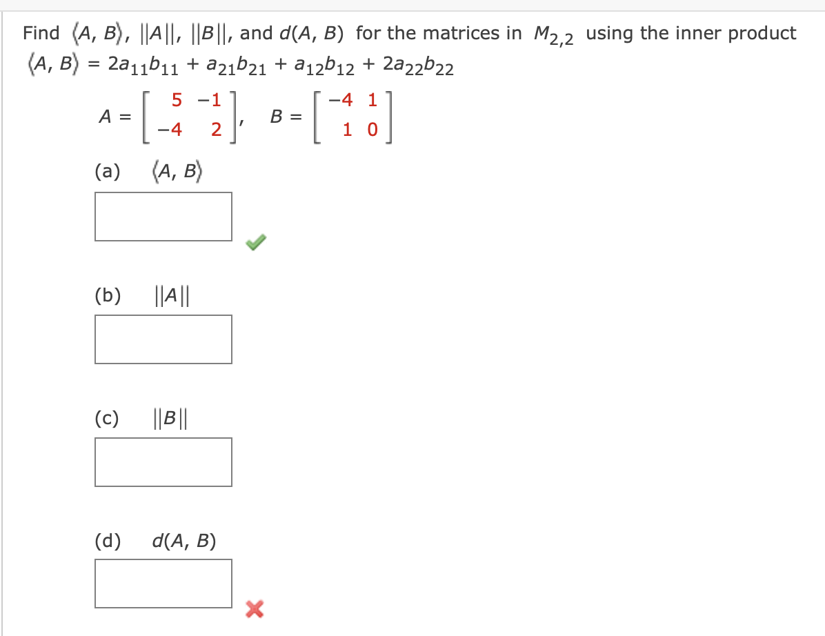 Solved Find (:A,B:),||A||,||B||, ﻿and D(A,B) ﻿for The | Chegg.com