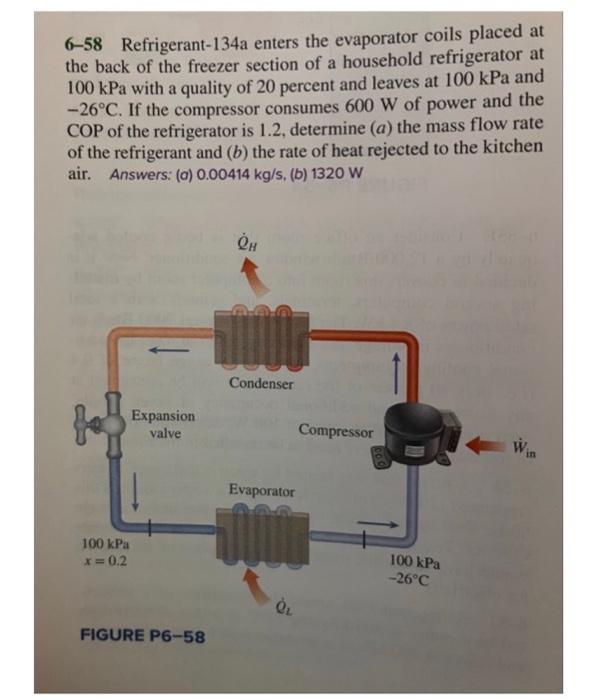 6-58 Refrigerant-134a enters the evaporator coils placed at the back of the freezer section of a household refrigerator at \(