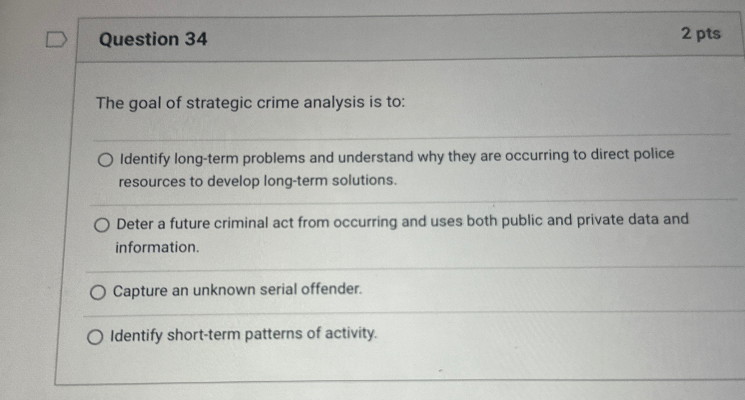 Solved Question 342ptsThe goal of strategic crime analysis | Chegg.com