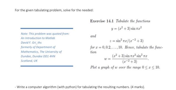 Solved For the given tabulating problem, solve for the | Chegg.com