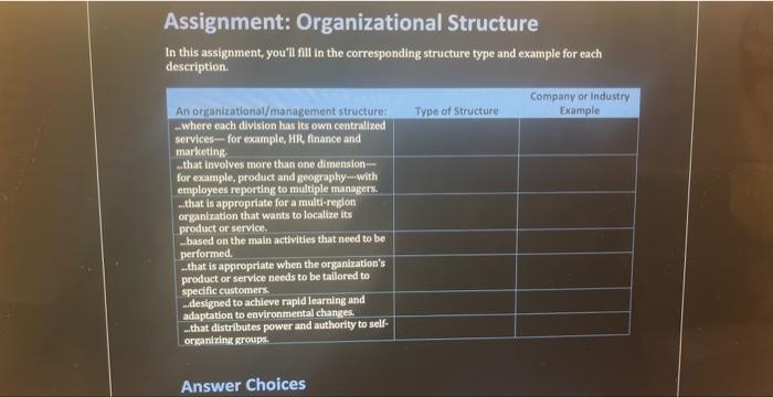 Assignment: Organizational Structure In this | Chegg.com