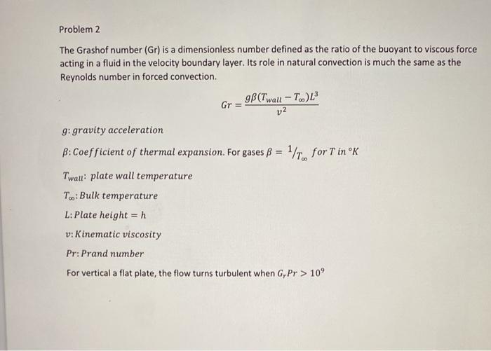 Solved Problem 2 The Grashof number (Gr) is a dimensionless | Chegg.com