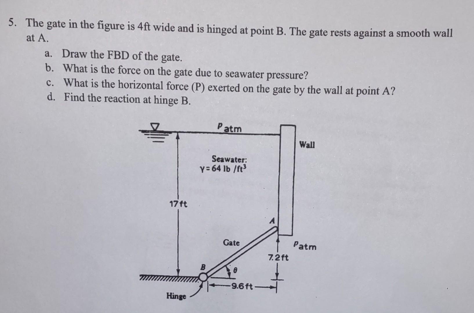 Solved 5. The Gate In The Figure Is 4ft Wide And Is Hinged | Chegg.com