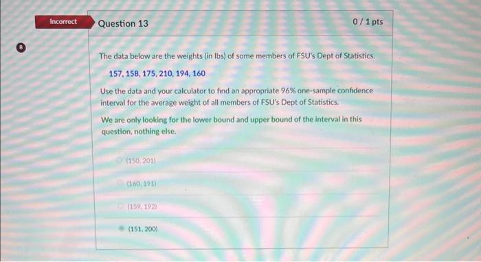 The data below are the weights (in lbs) of some members of FSUs Dept of Statistics.
\[
157,158,175,210,194,160
\]
Use the da
