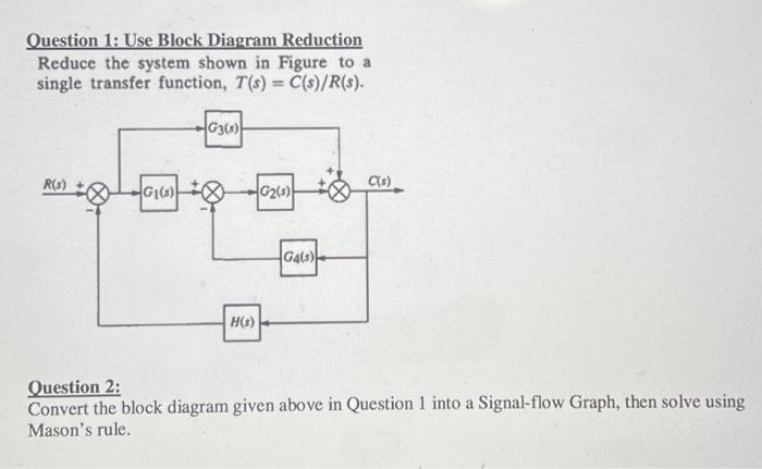 Question 1: Use Block Diagram Reduction
Reduce the system shown in Figure to a
single transfer function, \( T(s)=C(s) / R(s) 