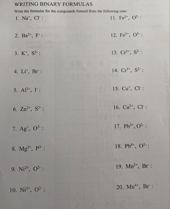 Solved WRITING BINARY FORMULAS Write the formulas for the | Chegg.com