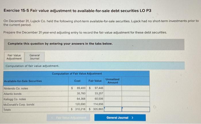 Solved Exercise 15-5 Fair value adjustment to | Chegg.com
