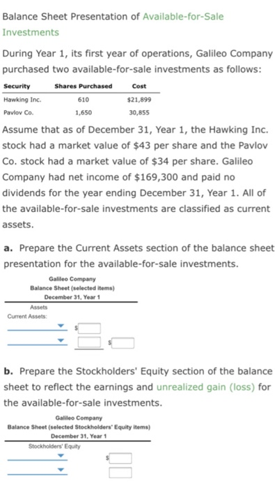 Solved Balance Sheet Presentation Of Available-for-Sale | Chegg.com