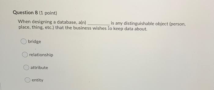 Solved Question 8 (1 point) When designing a database, a(n) | Chegg.com
