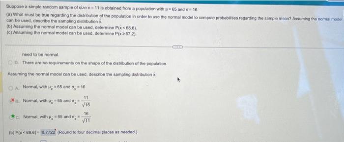 Solved Suppose a simple random sample of size n=11 is | Chegg.com