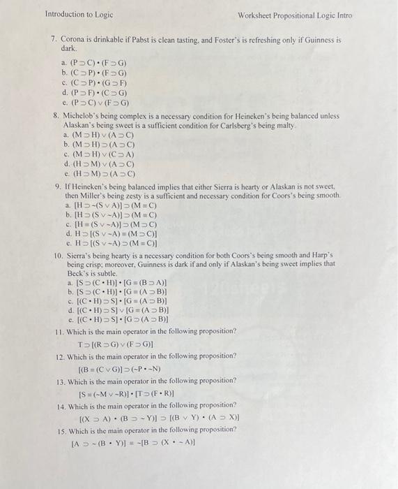 Introduction To Logic Worksheet Propositional Logic | Chegg.com