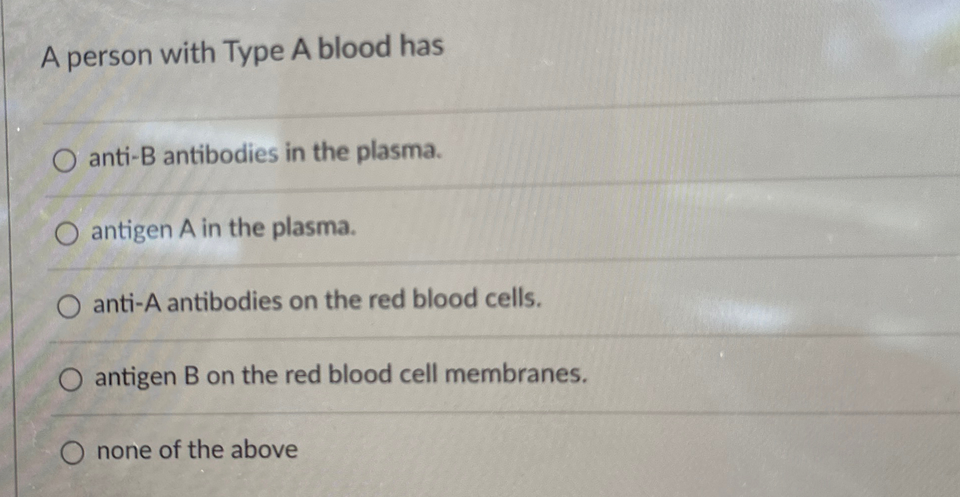Solved A person with Type A blood hasanti-B antibodies in | Chegg.com