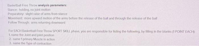 Basketball Free Throw analysis parameters: Stance: | Chegg.com
