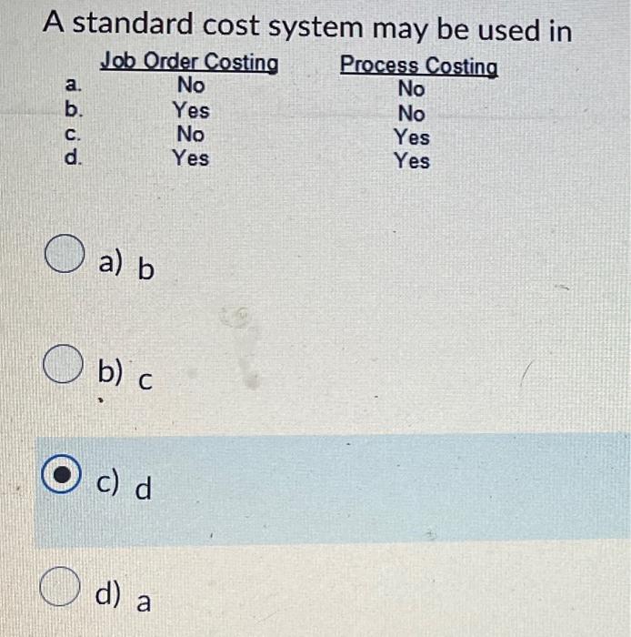 Solved A standard cost system may be used in a) b b) c c) d
