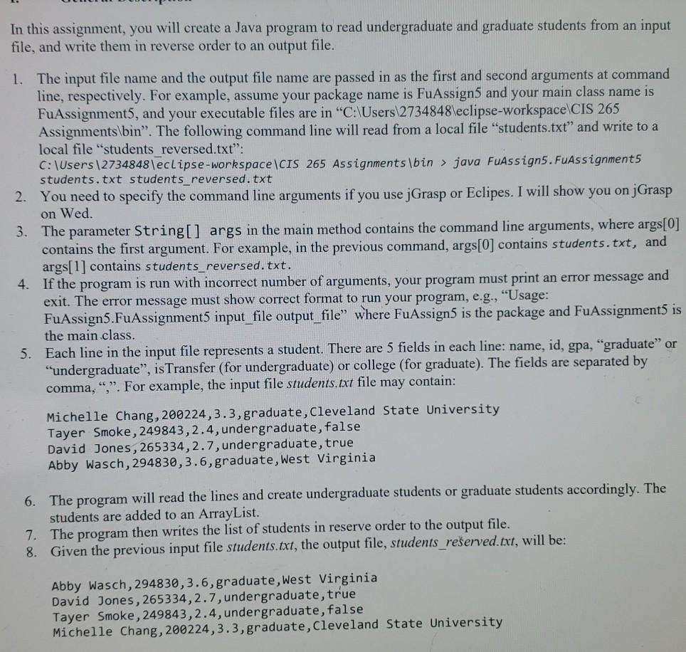 In this assignment, you will create a Java program to | Chegg.com