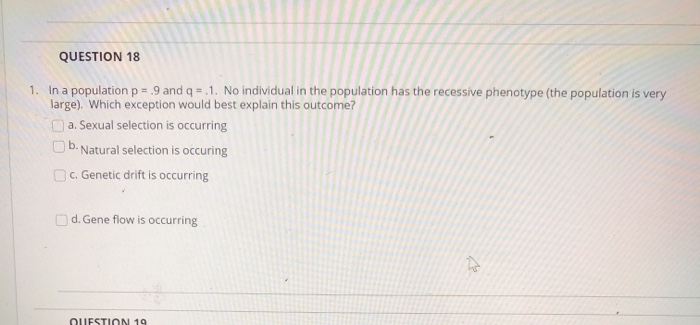 Solved QUESTION 18 1. In a population p=9 and q = .1. No | Chegg.com