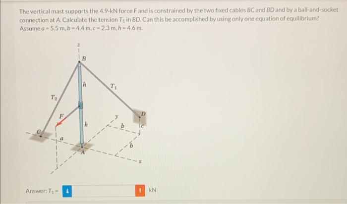 The vertical mast supports the \( 4.9-\mathrm{kN} \) force \( F \) and is constrained by the two fixed cables \( B C \) and \