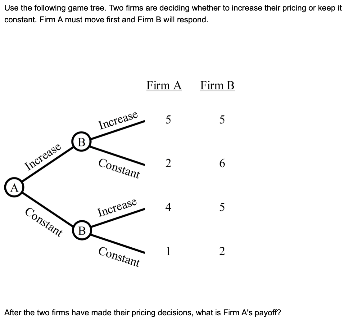 Solved Use the following game tree. Two firms are deciding | Chegg.com