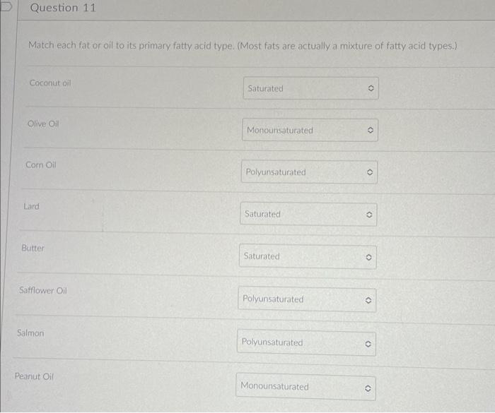 Solved Question 11 Match each fat or oil to its primary | Chegg.com