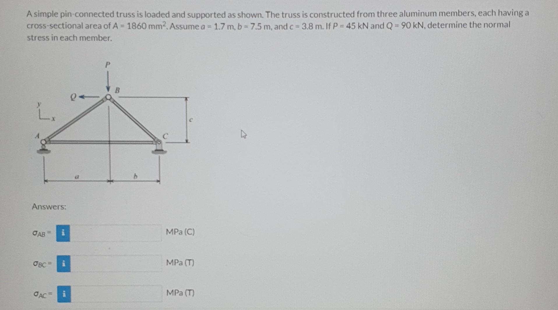 A simple pin-connected truss is loaded and supported as shown. The truss is constructed from three aluminum members, each hav