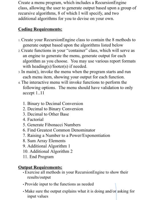 Solved Create a menu program, which includes a | Chegg.com